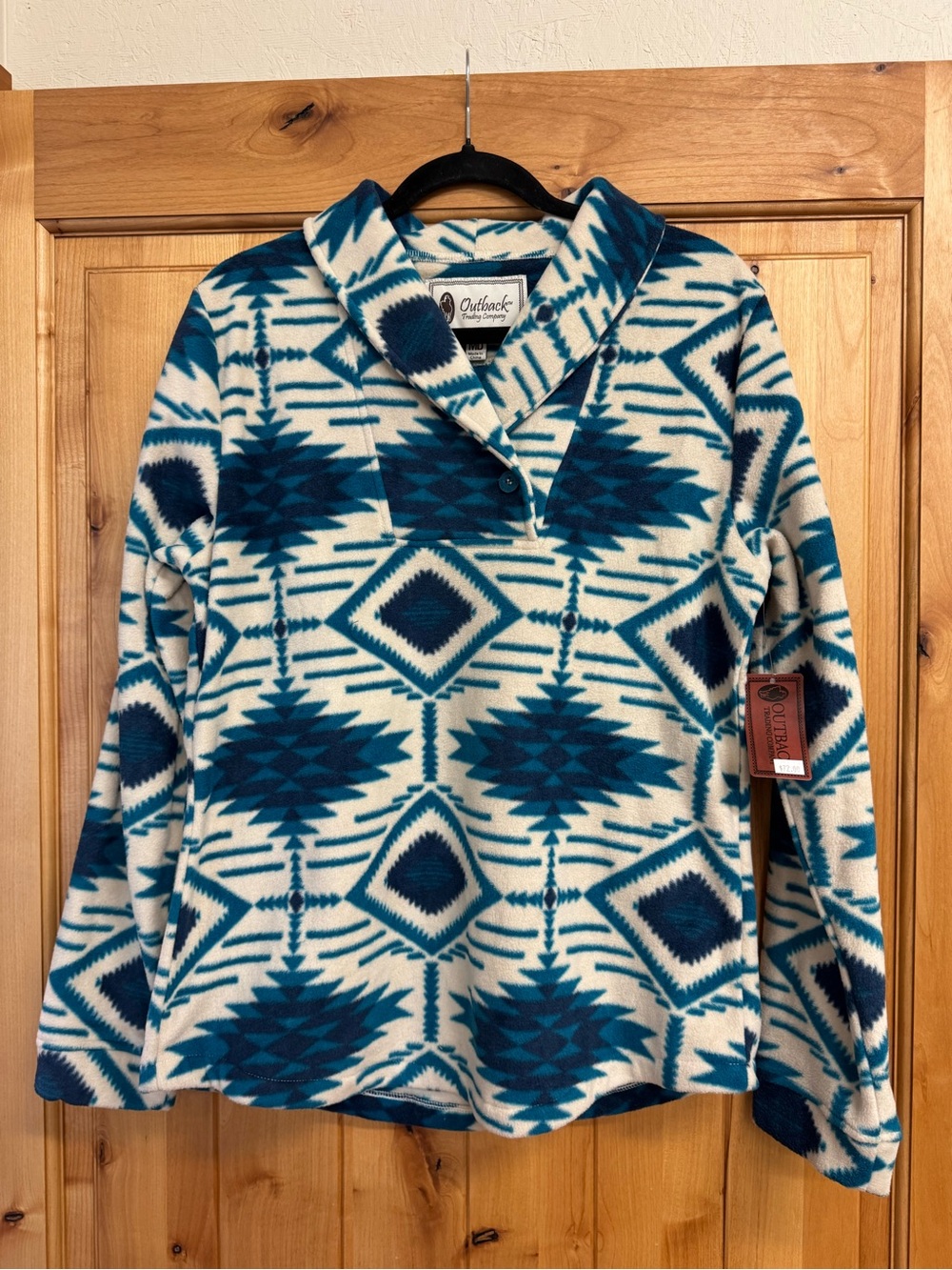 Outback Trading Company Teal & Cream Geometric Fleece Pullover